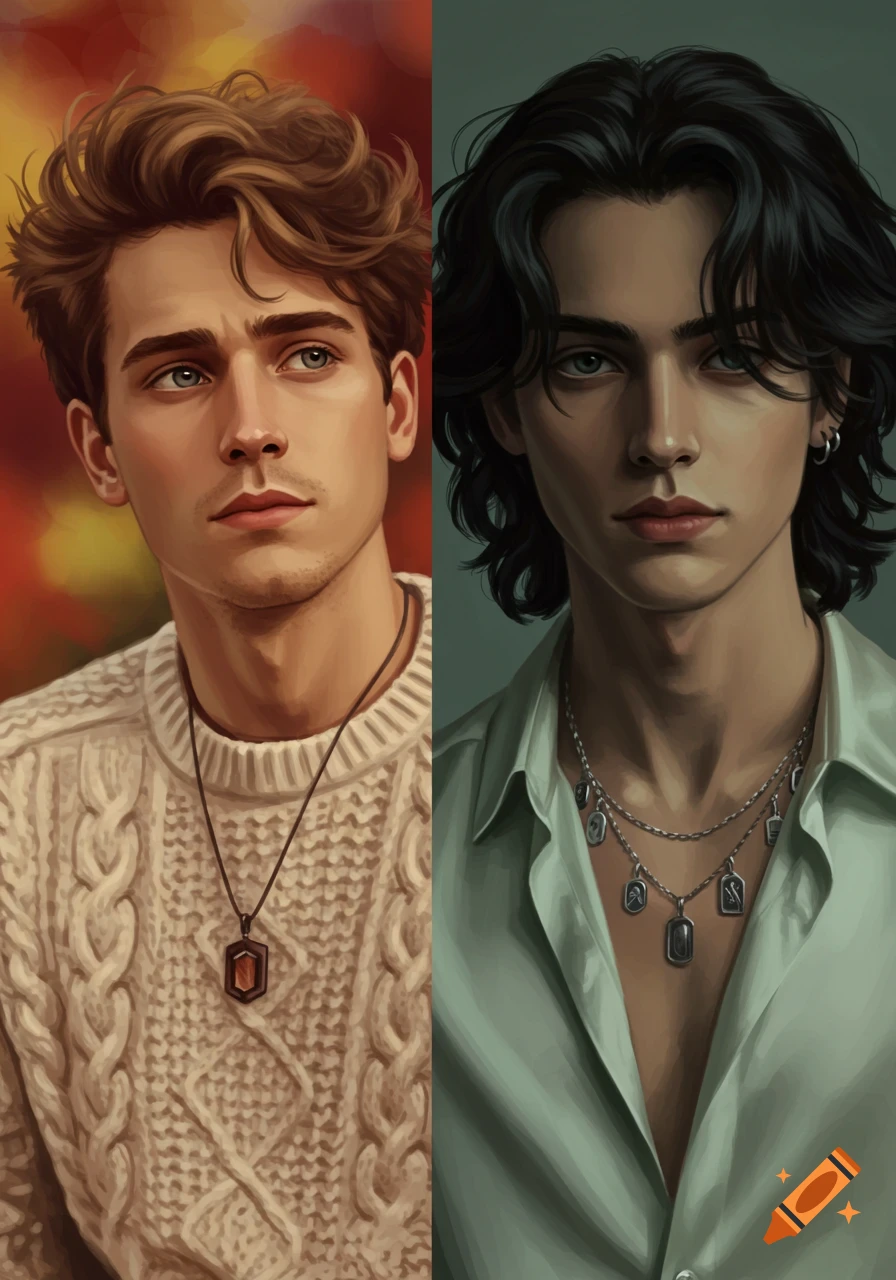 Two digital art portraits of young men: one with brown hair in a cream sweater, the other with dark wavy hair in a light green shirt with silver necklaces.