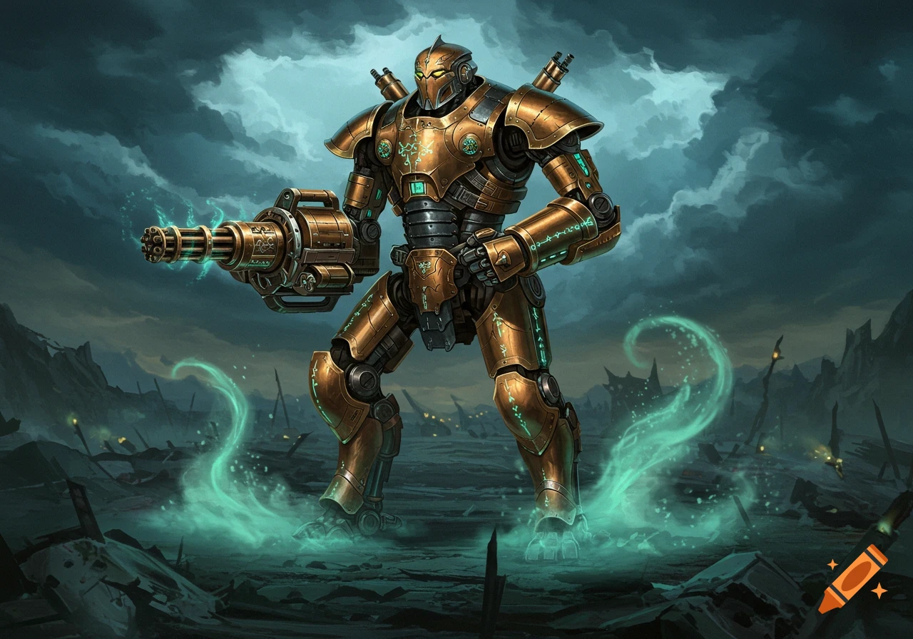 A powerful bronze and grey robot with glowing green eyes and a gatling gun stands amidst ruins under a stormy sky, emitting green energy.