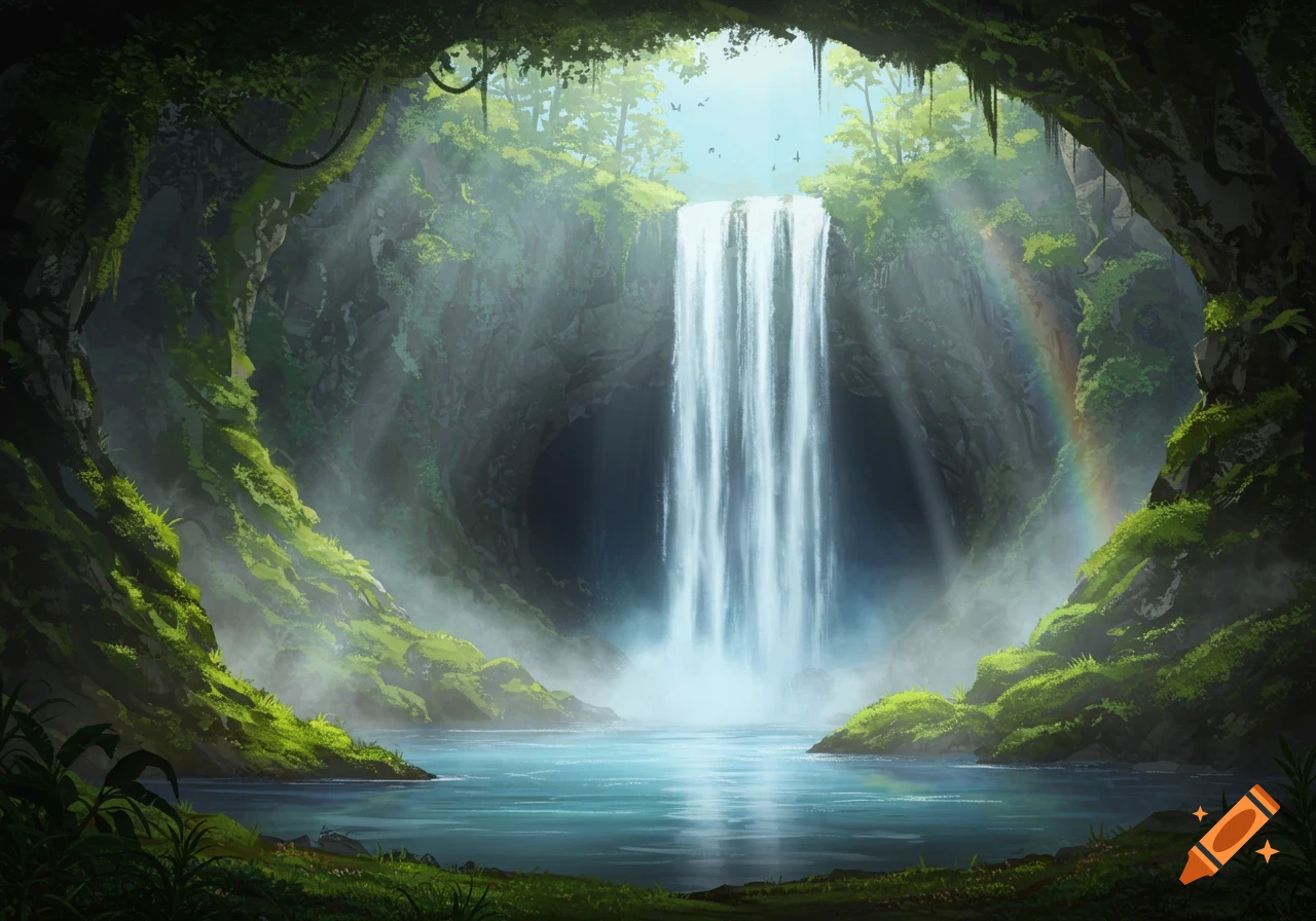 Lush cave with a large waterfall flowing into a bright pool, illuminated by sun rays and a faint rainbow.