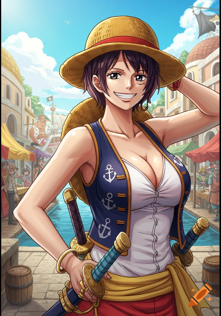 Anime illustration of a smiling woman with a straw hat, blue vest, and dual swords, standing in a lively market by a canal with pirate ships.