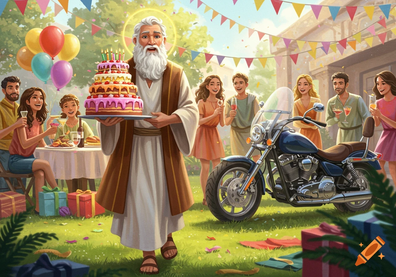 Illustrated scene of Moses carrying a large birthday cake at an outdoor party with guests, balloons, gifts, and a parked motorcycle.