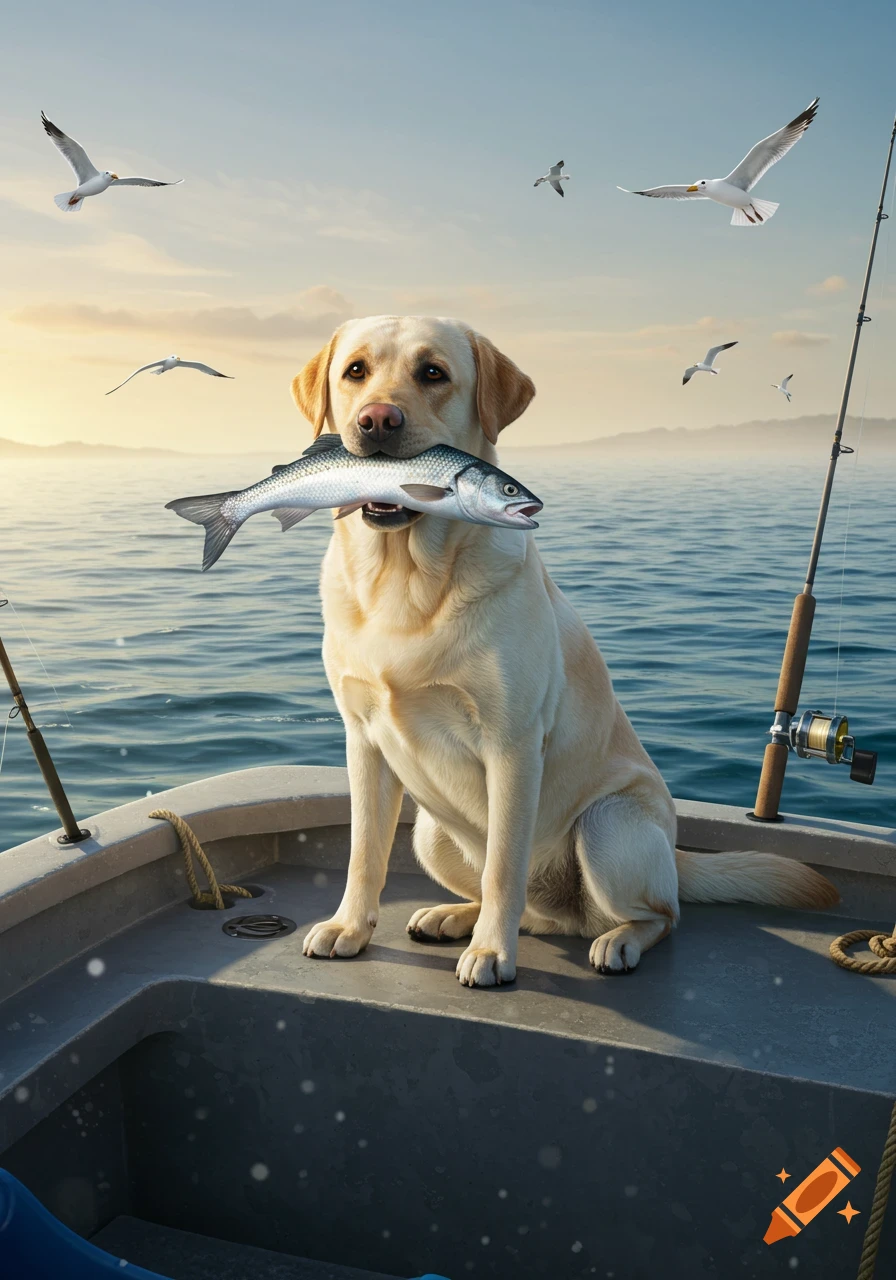 Photorealistic image of a yellow labrador on a boat holding a fish in its mouth, with seagulls flying over water at sunset.
