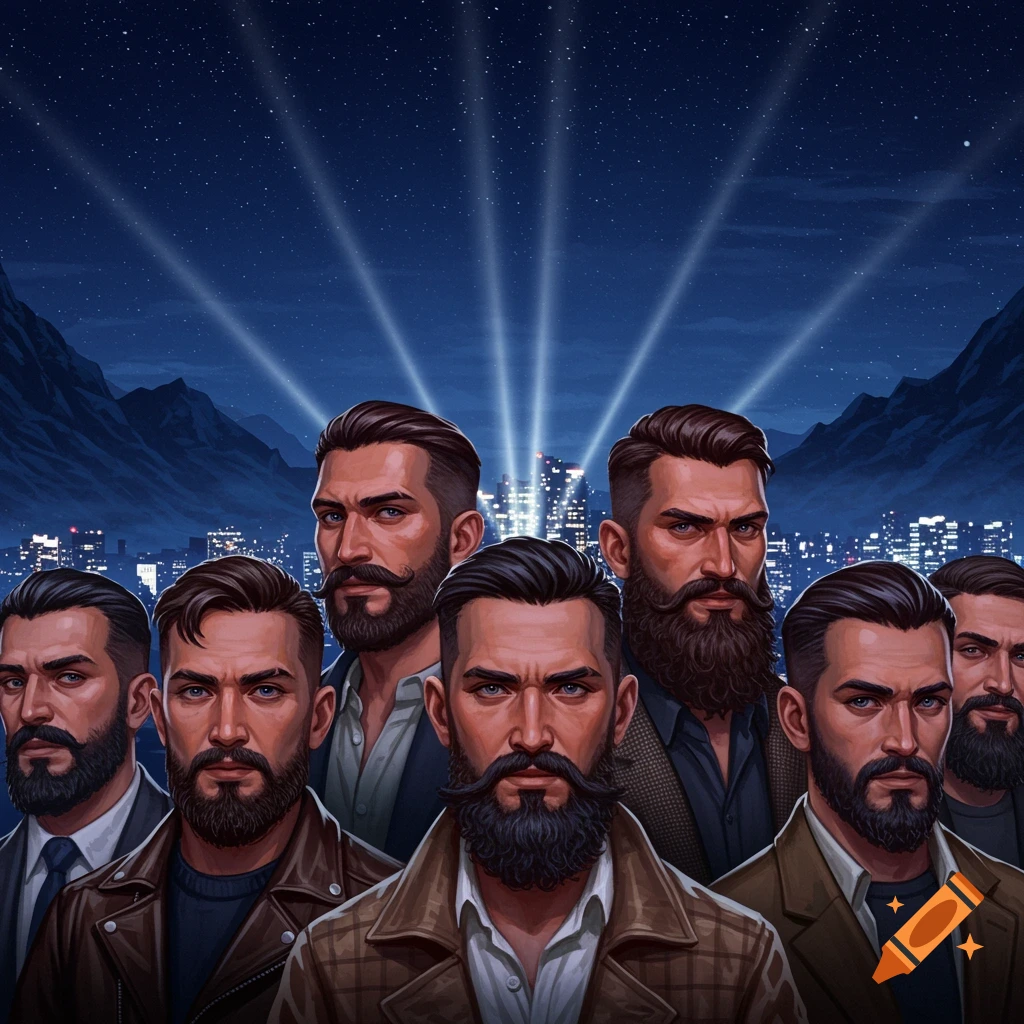 A group of bearded men with serious expressions against a night city skyline with light beams.