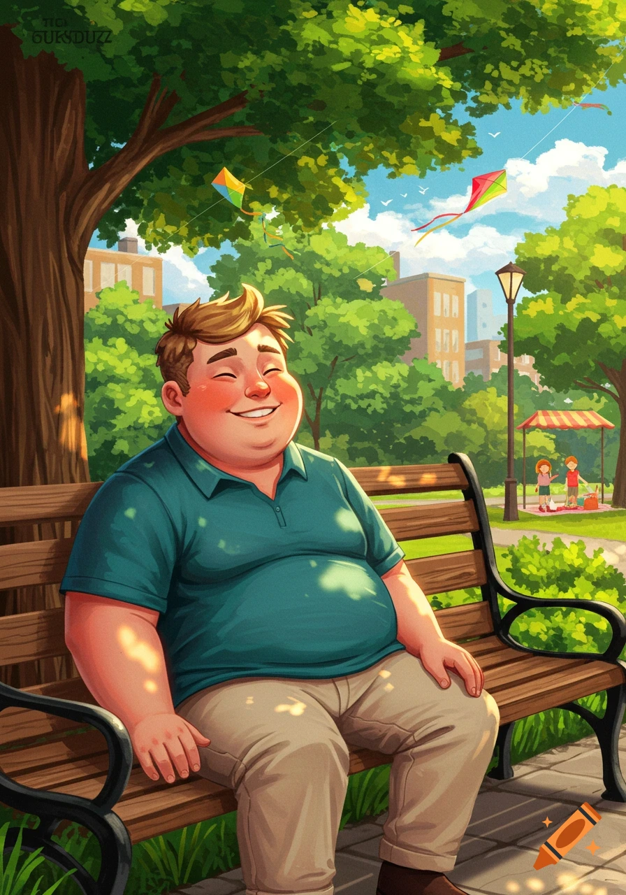 An illustration of a happy, plump man with rosy cheeks sitting on a park bench under a tree, with kites flying in the sunny sky.