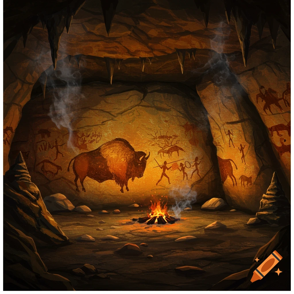 An illustrative scene inside a prehistoric cave with illuminated rock paintings of bison and figures, and a burning campfire.
