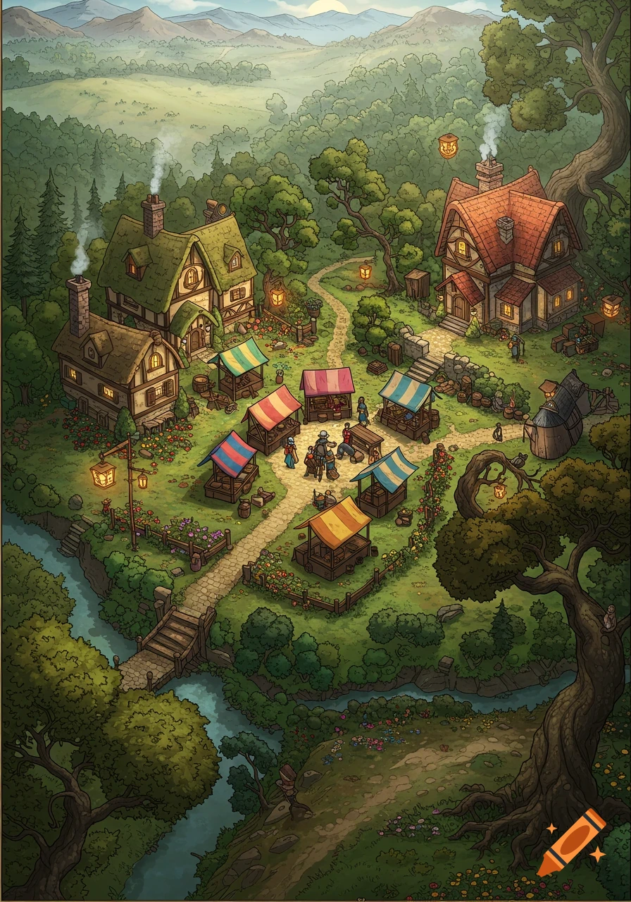 A charming fantasy village map with a bustling market, quaint houses, a river, and mountains, in an illustrated cartoon style.