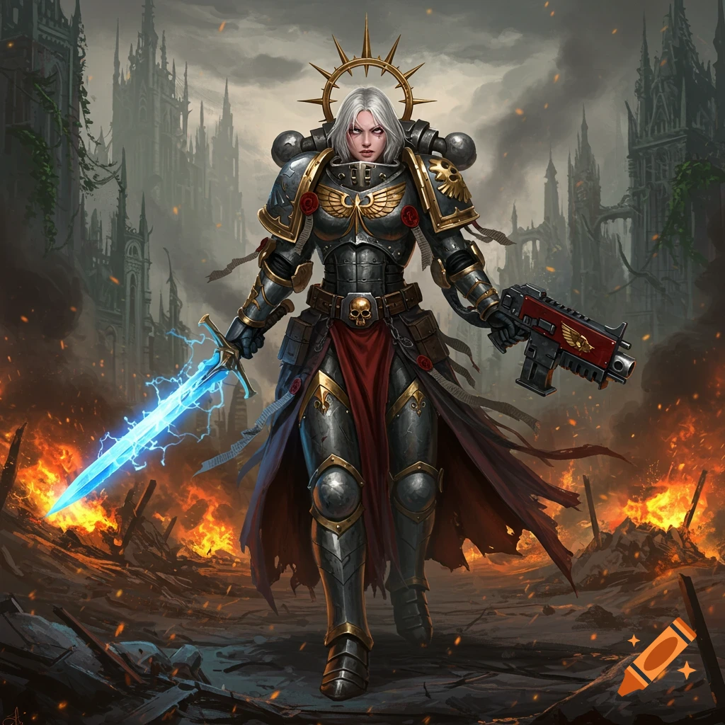 A female warrior in intricate power armor stands amidst burning ruins, holding a glowing blue energy sword and a futuristic gun. Digital painting.