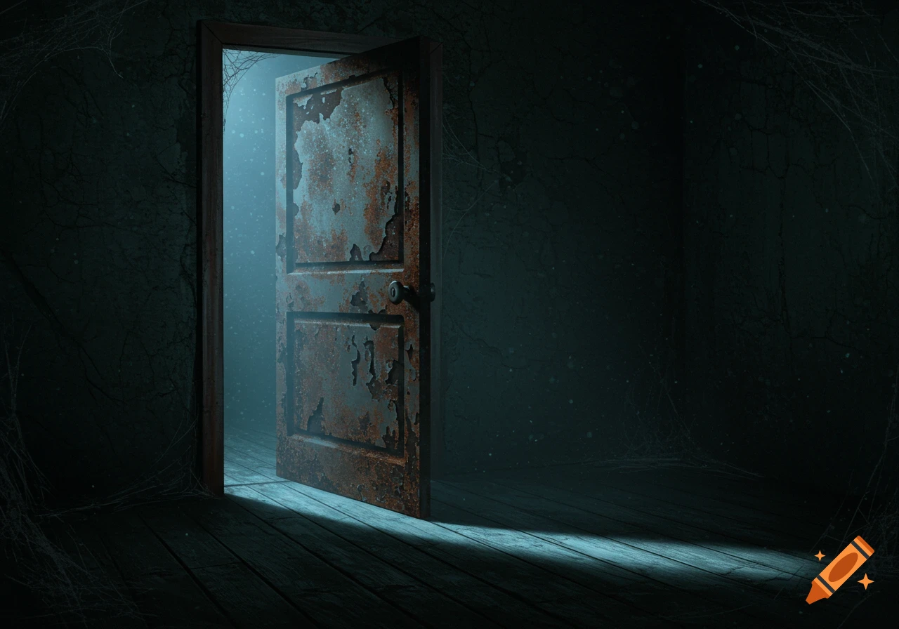 A dark, creepy room with a rusty old door slightly ajar, glowing with light from beyond.