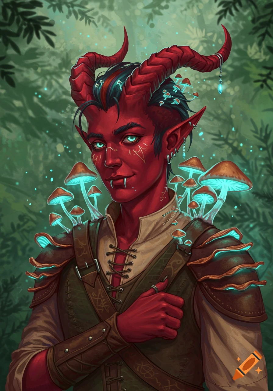 A close-up portrait of a red-skinned tiefling with glowing blue mushroom growths on their horns and shoulders.