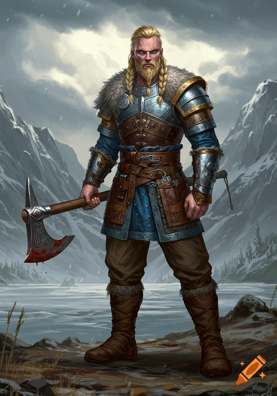 A full-length digital painting of a blonde male Viking warrior in ornate armor holding an axe, standing in a snowy mountain landscape.