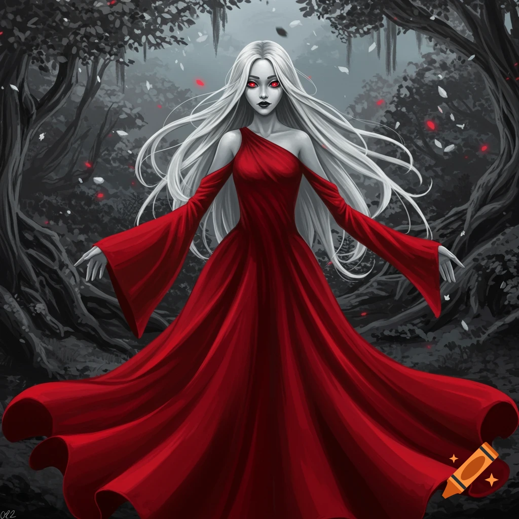 A pale woman with long white hair and red eyes in a flowing red dress stands in a dark, greyscale forest with red leaves.