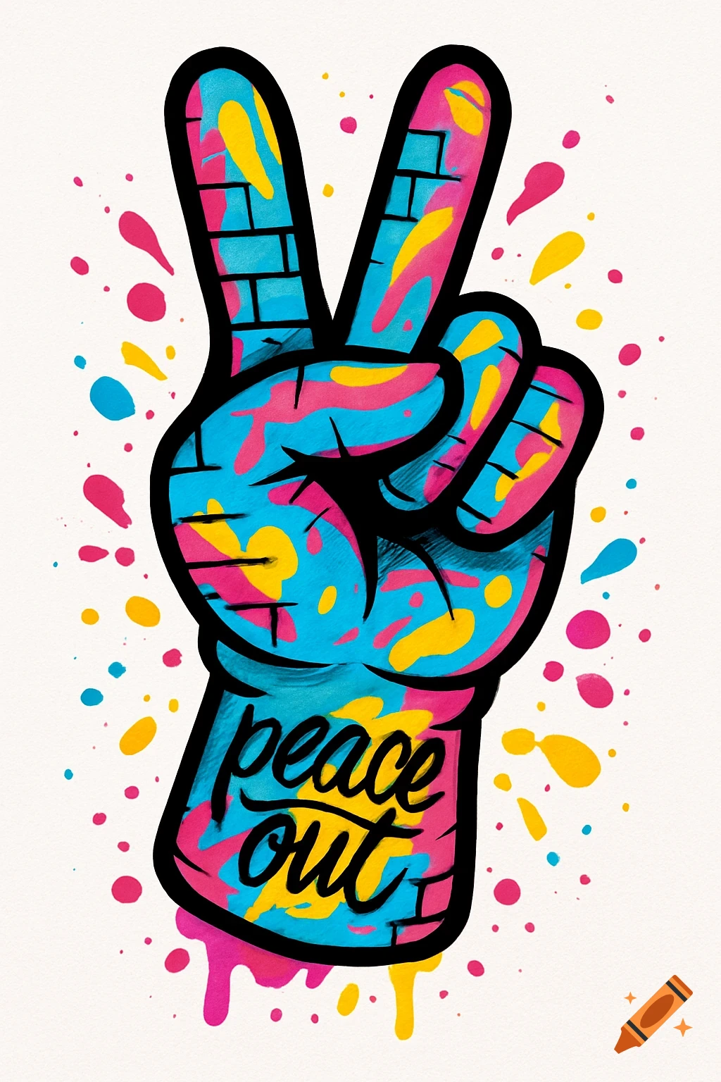 Graffiti art peace sign hand in cartoon style with vibrant blue, pink, and yellow splatters. 'Peace out' text on the wrist.