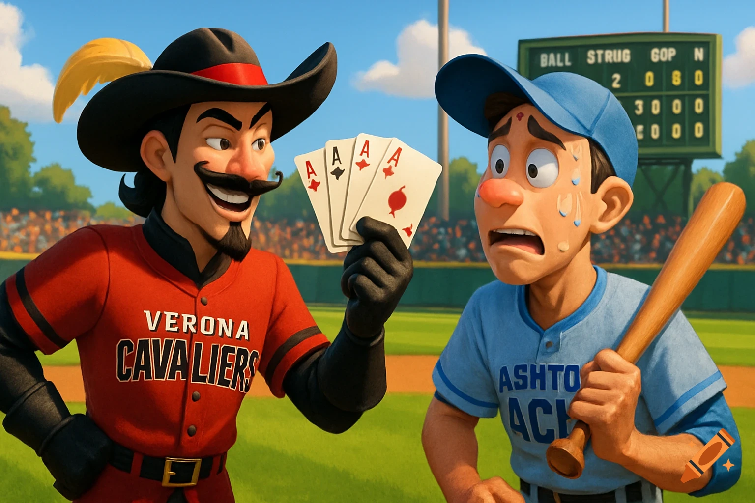 Cartoon baseball players on a field. One cavalier-like player in red shows four aces to a frightened player in blue holding a bat.