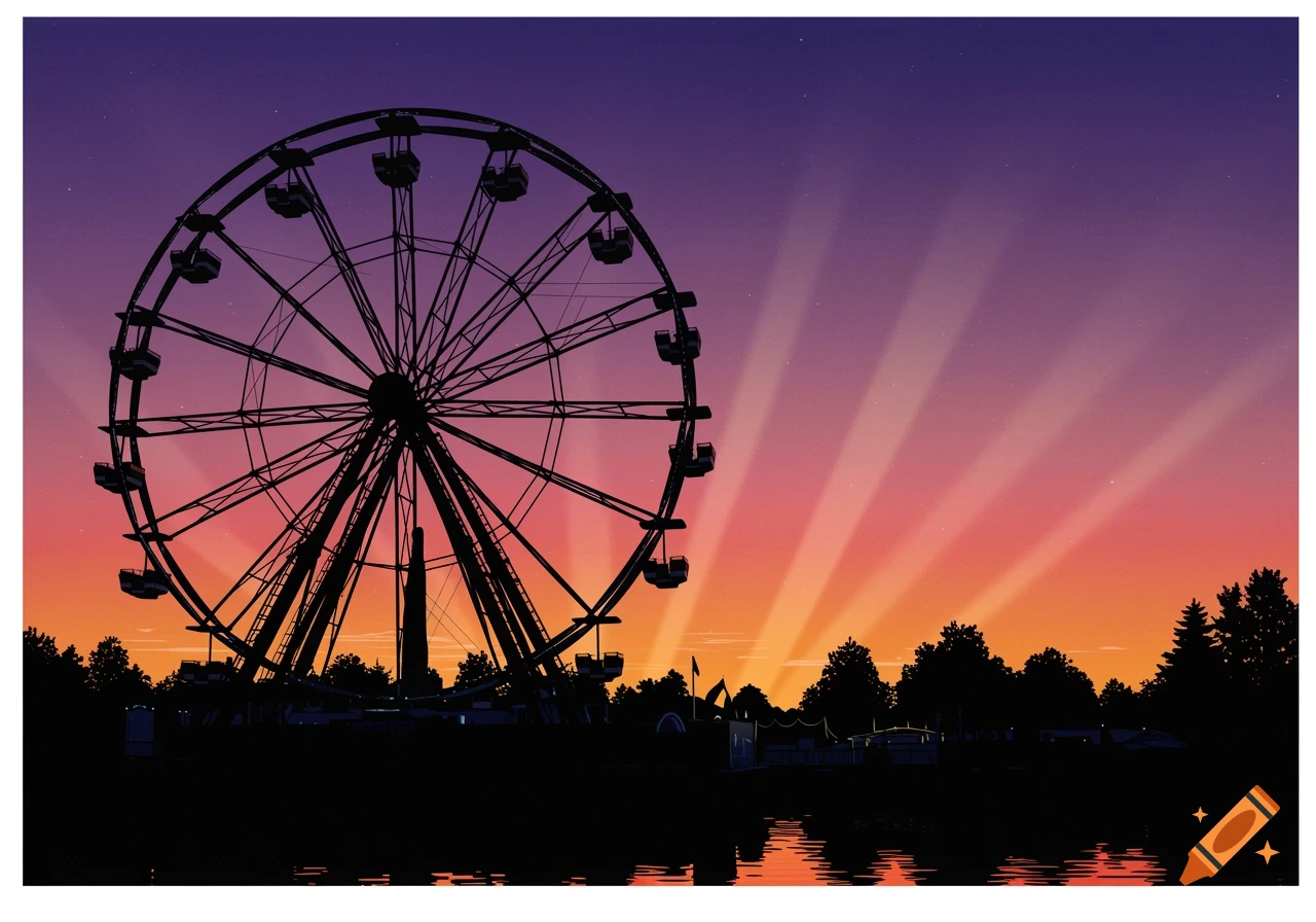 Silhouette vector art of a large Ferris wheel at an amusement park against a vibrant purple and orange sunset sky with light rays.