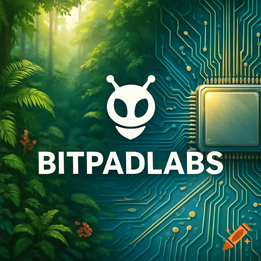 A vibrant image split between a lush rainforest and a circuit board, with a white insect-like logo and 'BITPADLABS' text centered.