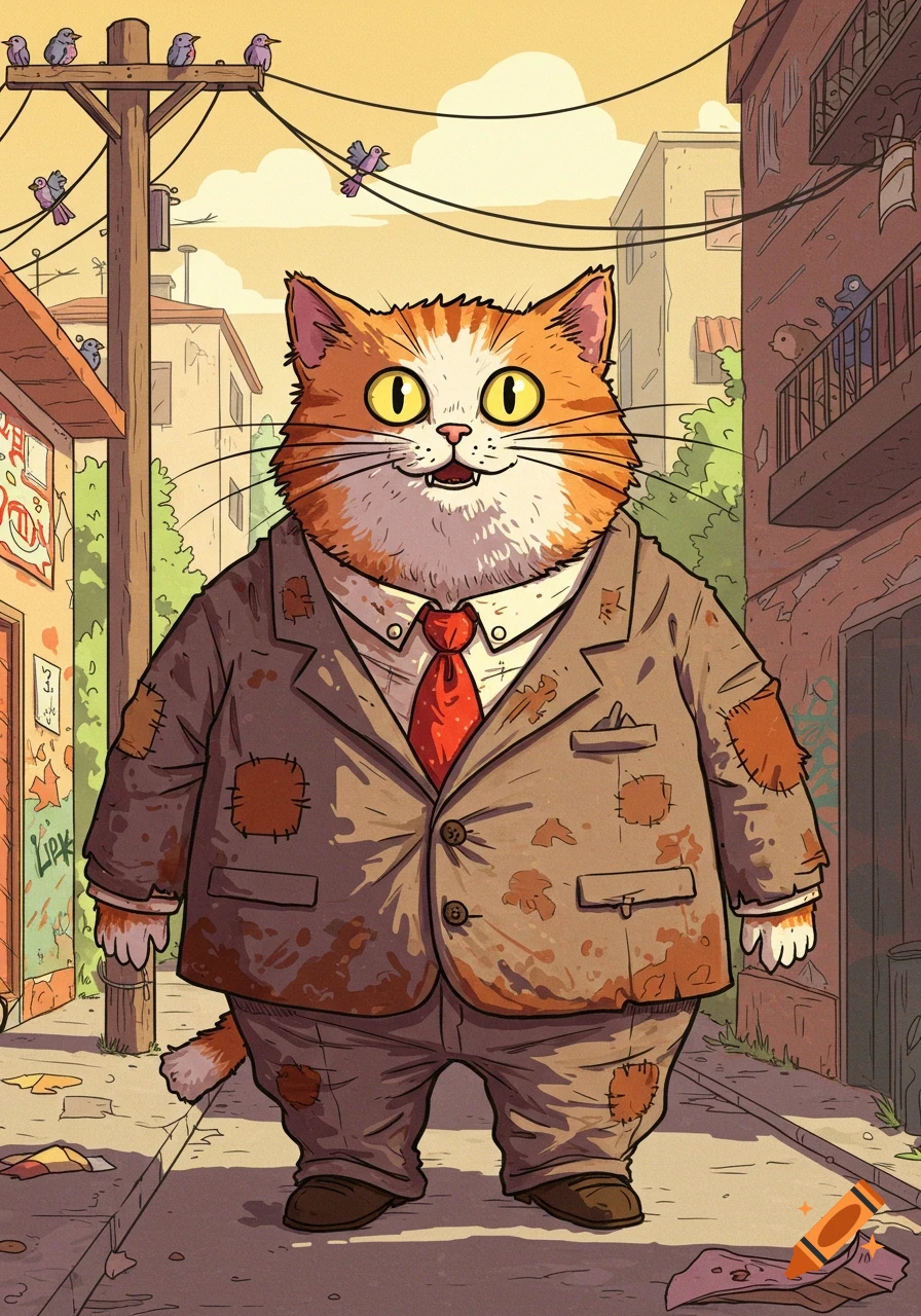 A cartoon orange and white cat stands on a dirty urban street, wearing a patched and dirty brown suit with a red tie.