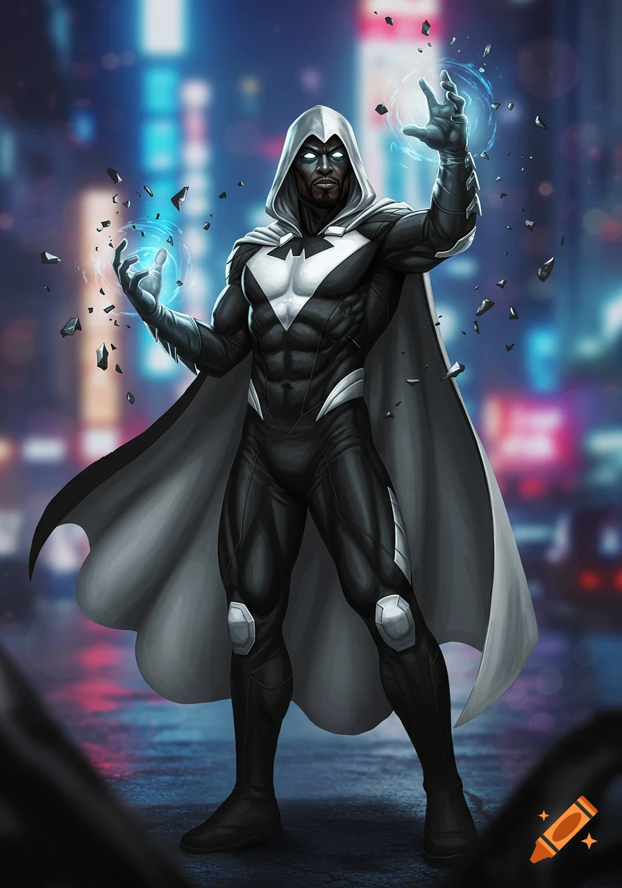 A male superhero in a black and white suit, hood, and cape, using telekinetic powers with glowing hands and floating debris in a city setting.