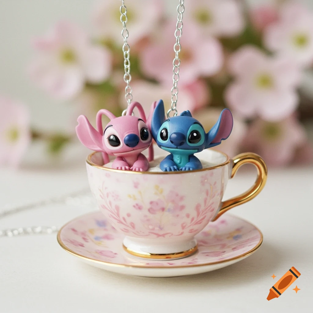 Pink Angel and blue Stitch figures, possibly keychains, in a floral teacup with a gold rim against a blurred floral background.