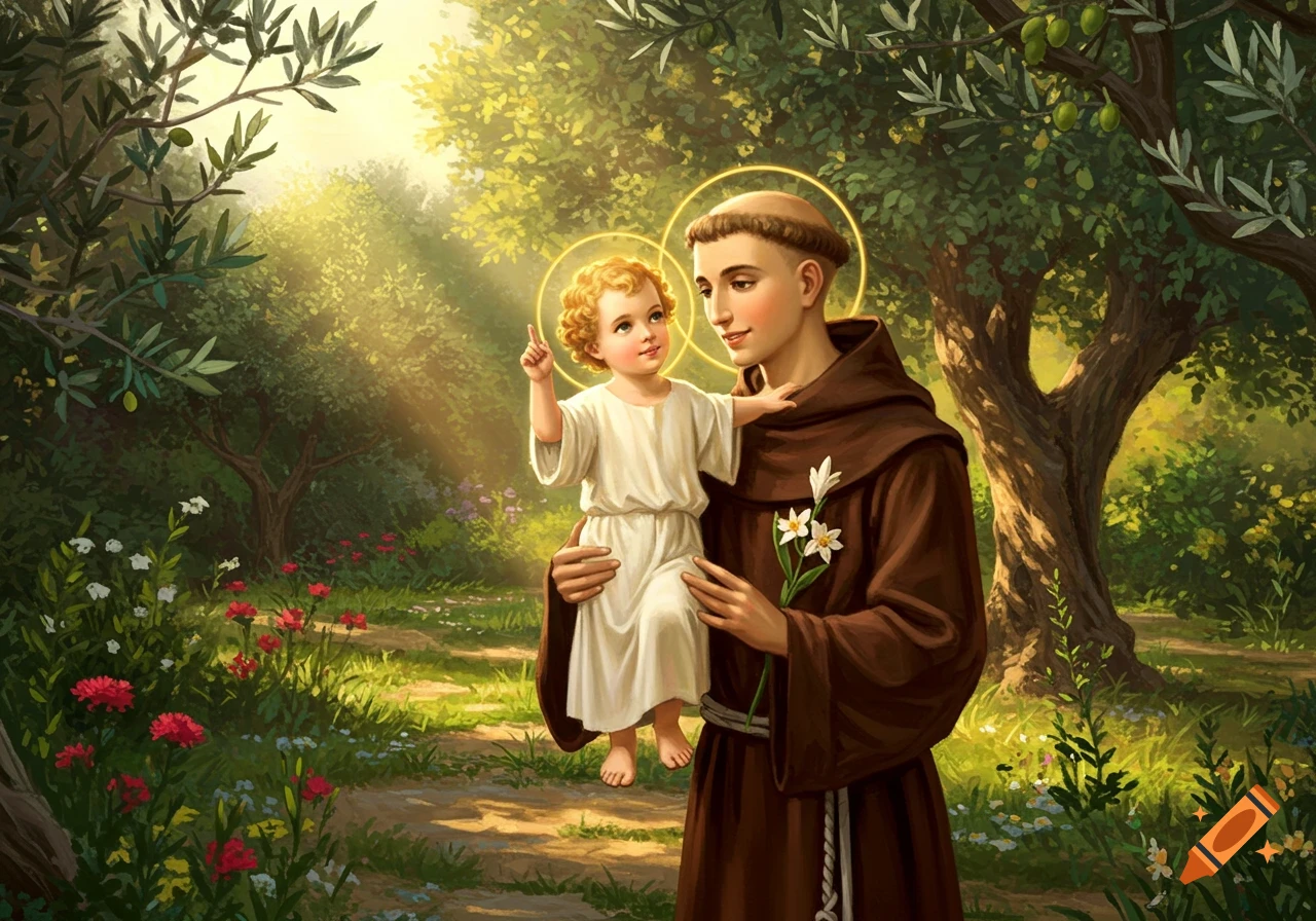 A painting of Saint Anthony in a brown robe holding the Infant Jesus, both with halos, in a sunlit garden with trees and flowers.
