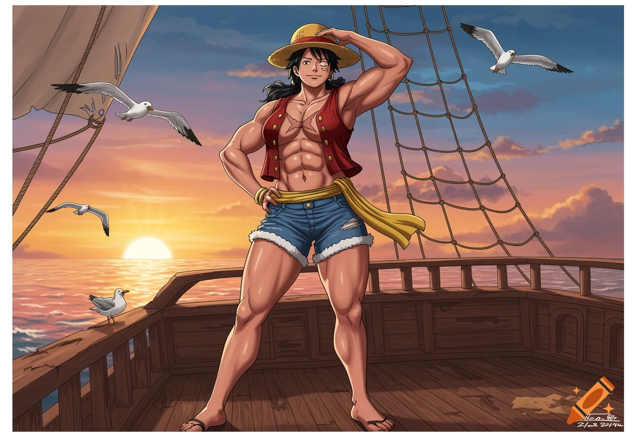 Muscular anime character in a straw hat, red vest, and shorts, standing on a pirate ship deck at sunset with seagulls.