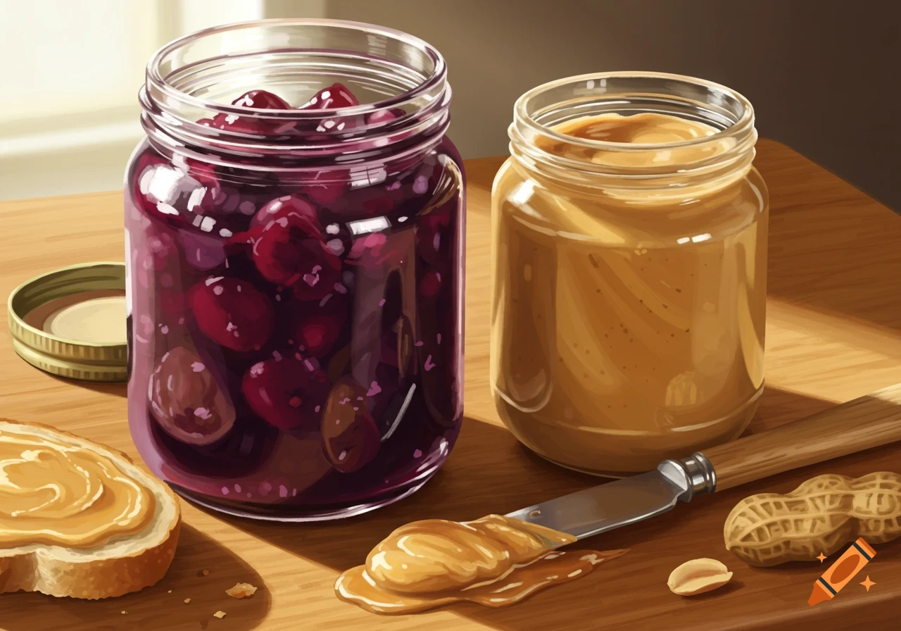 A realistic digital painting of a jar of berry jam and a jar of peanut butter on a sunlit wooden table, with bread and a knife.