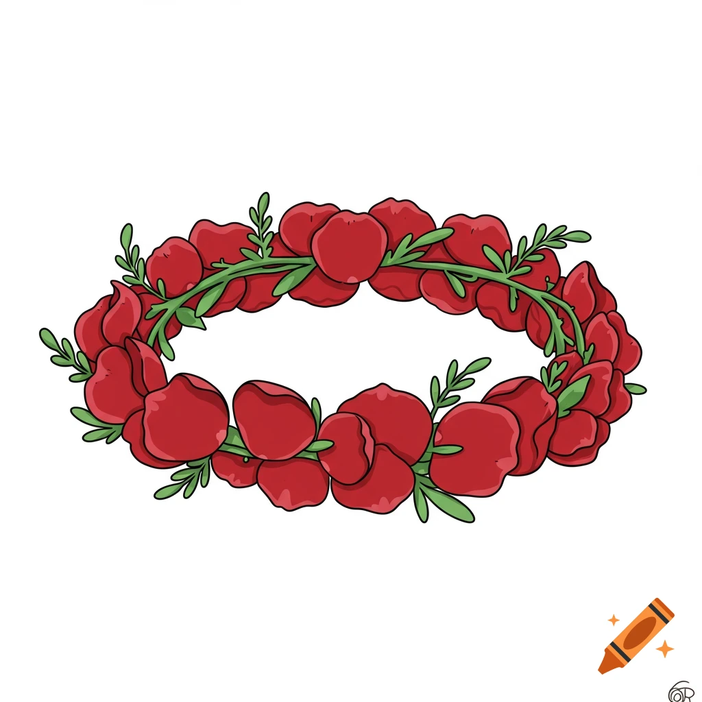 A whimsical cartoon floral crown made of bright red rose petals and green leaves, on a white background.