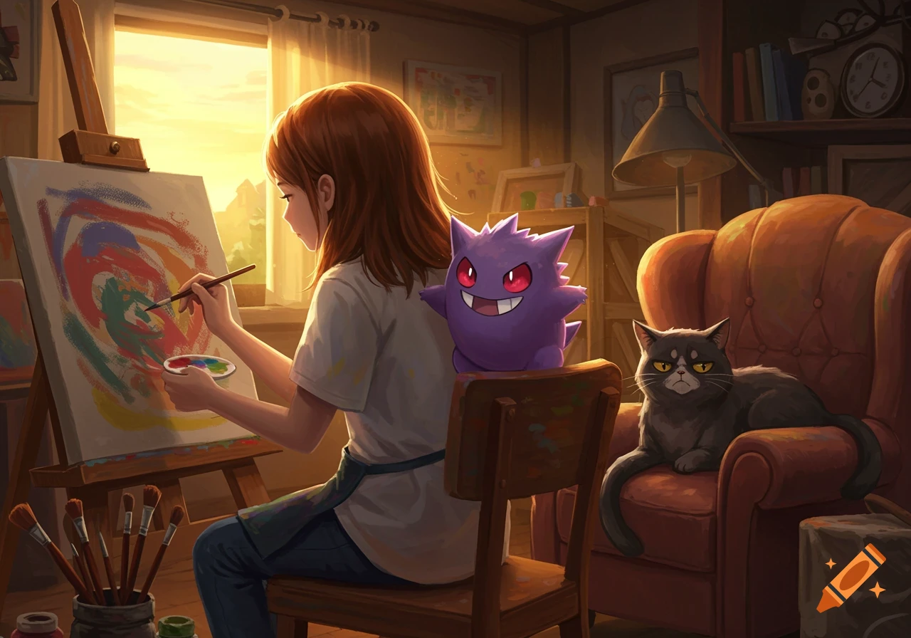 A girl with brown hair paints a colorful abstract piece on an easel, a purple Gengar-like creature on her shoulder, and a grumpy black cat on an armchair beside her in a sunlit room.