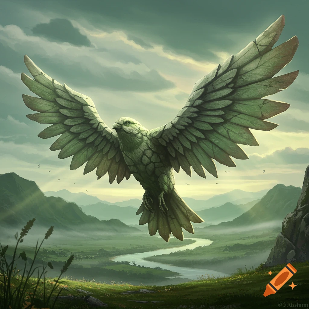 A majestic bird with textured green stone wings and body flies over a lush valley with a winding river and mountains under a cloudy sky.