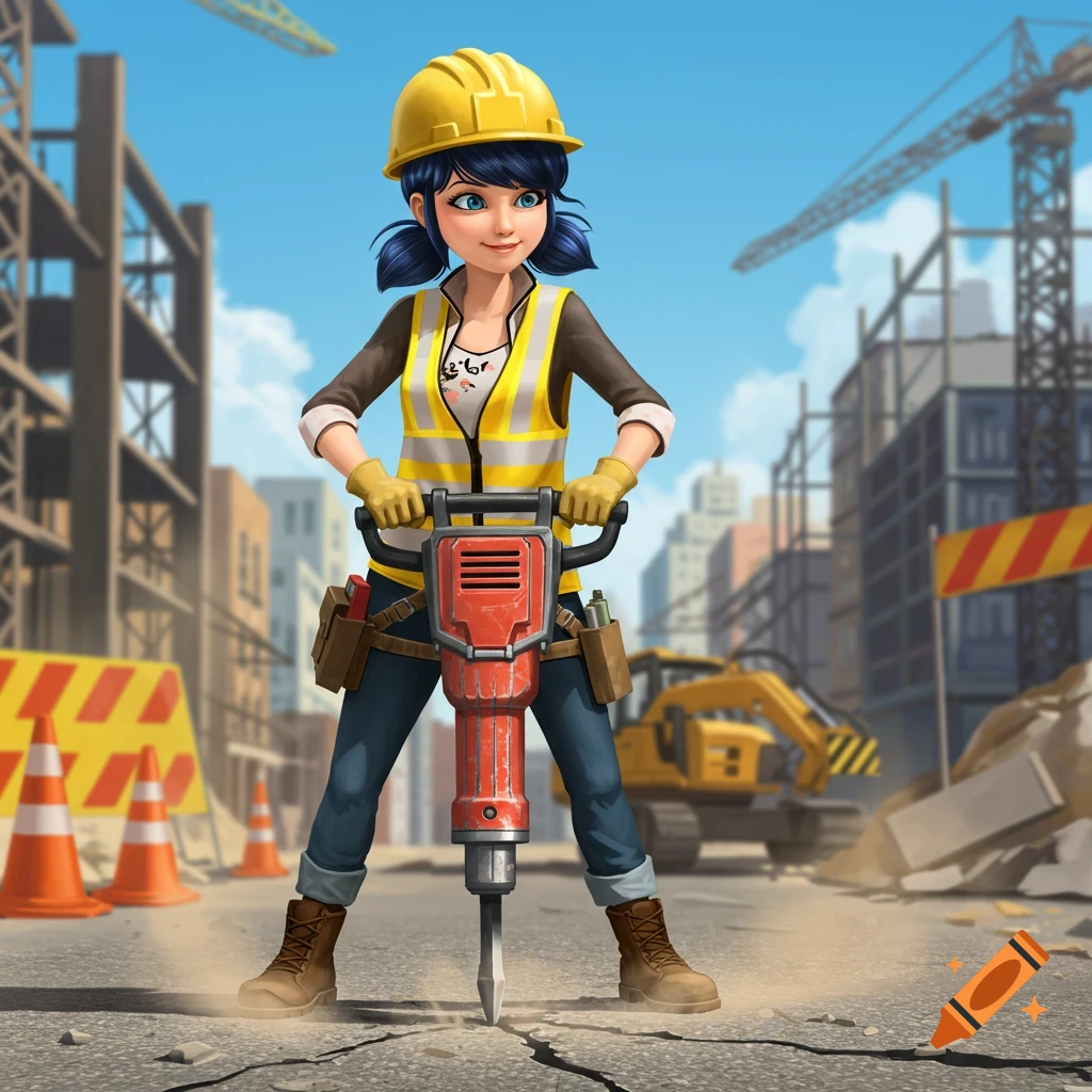 A cartoon character, Marinette, in a yellow hard hat and safety vest, operates a jackhammer at a construction site.