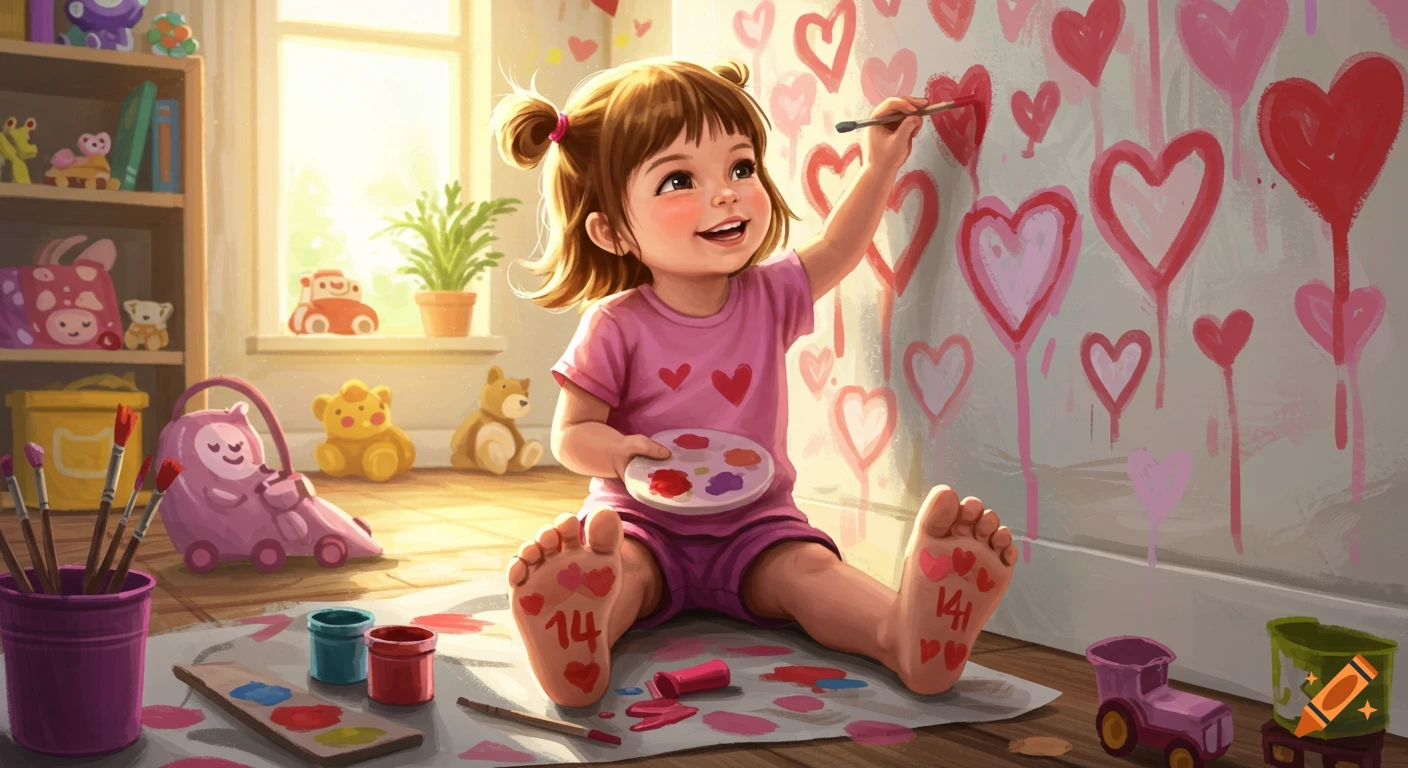 A happy little girl with pigtails paints pink and red hearts on a wall in a colorful playroom, barefoot with '14' on her soles.