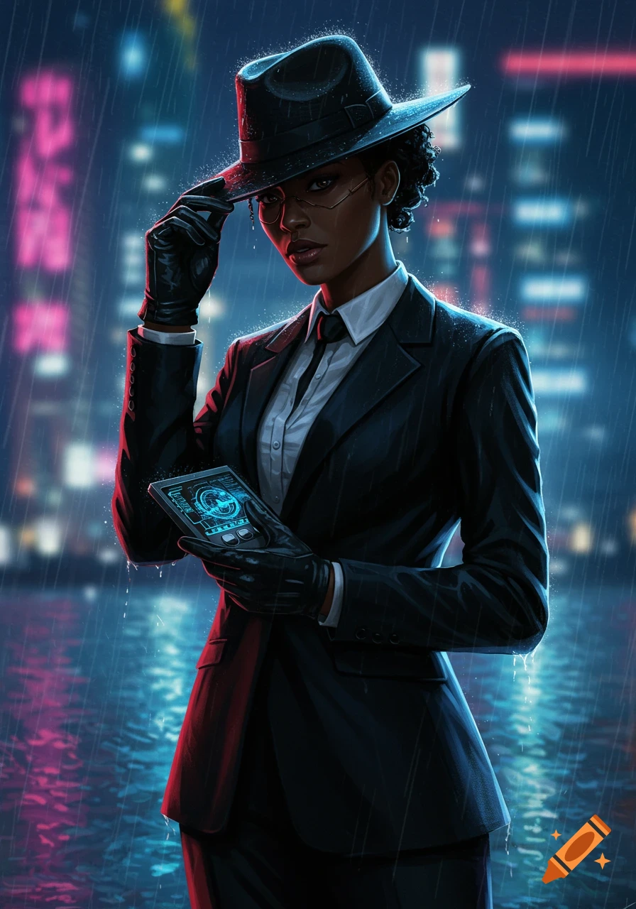 A stylish Black woman in a suit and hat, holding a glowing device, stands in the rain with a blurred neon city background.