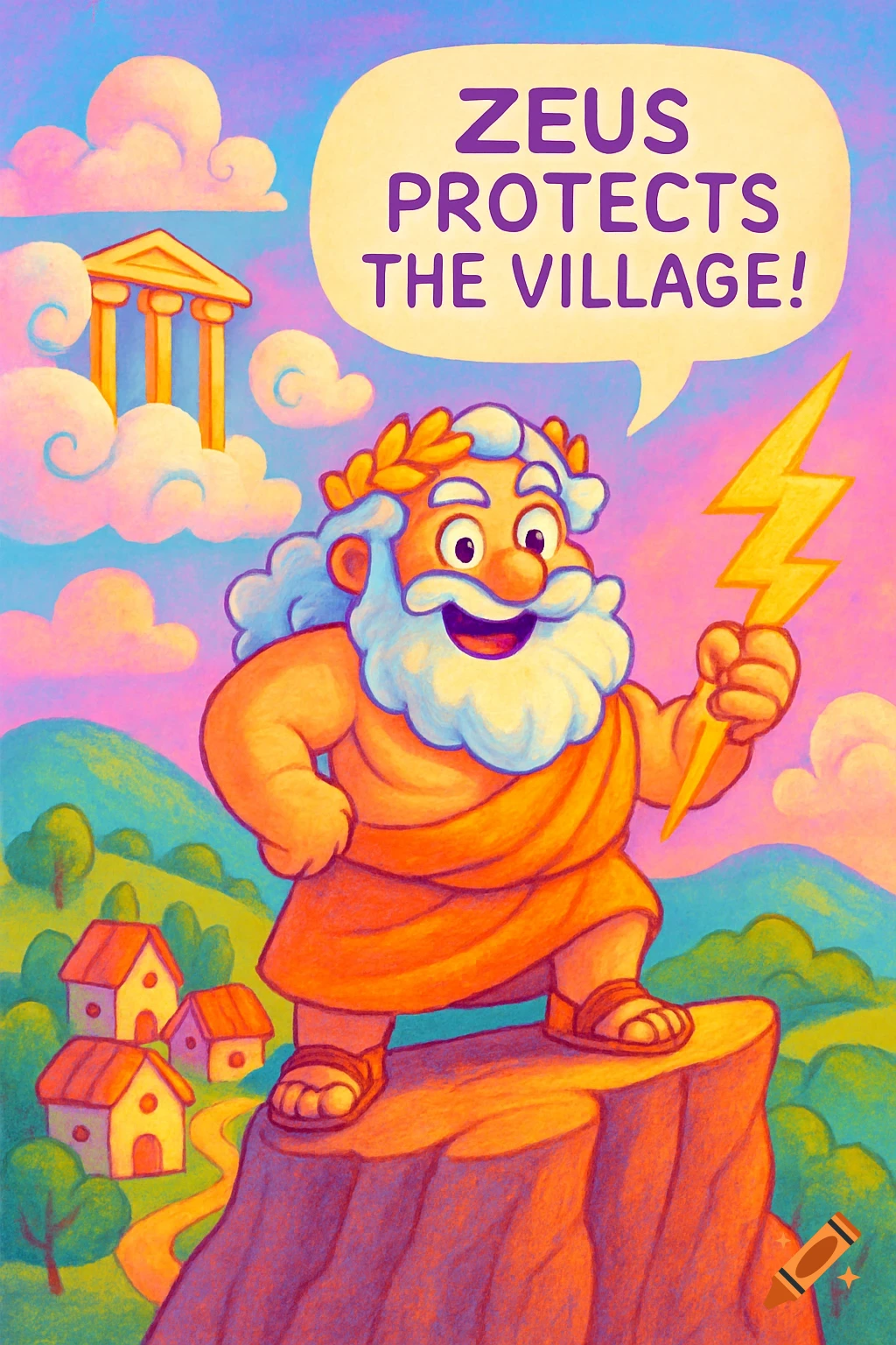A bright, colorful children's book style illustration of a cartoon Zeus holding a lightning bolt on a cliff, overlooking a village, with a speech bubble saying 'ZEUS PROTECTS THE VILLAGE!'.