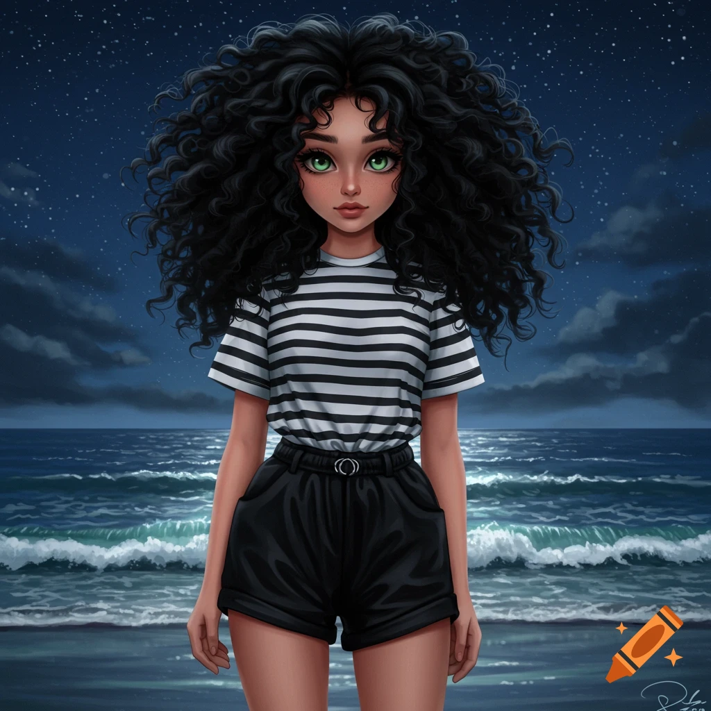 A cartoon girl with black curly hair and green eyes stands on a beach at night, wearing a striped shirt and black shorts.