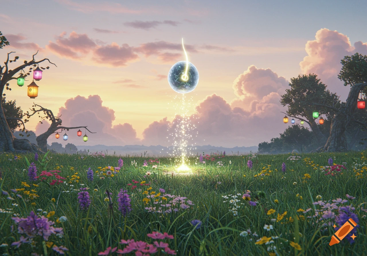 A glowing orb emits light and sparkles onto a vibrant wildflower meadow with trees and colorful lanterns under a dreamy sunset sky.