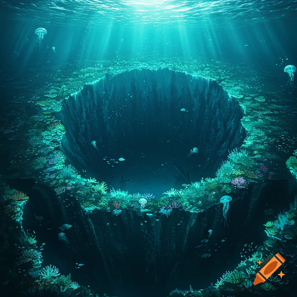 Deep underwater trench surrounded by colorful coral and jellyfish, with sunlight filtering through the water.