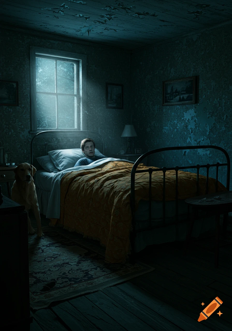 A man lies startled in bed in a dark, peeling room with a golden retriever staring into a shadowy corner.