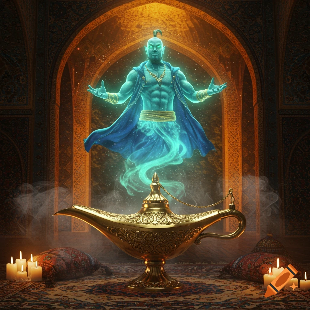 A muscular blue genie with a prominent topknot emerges from a golden magic lamp, glowing brightly in an ornate, candlelit room.