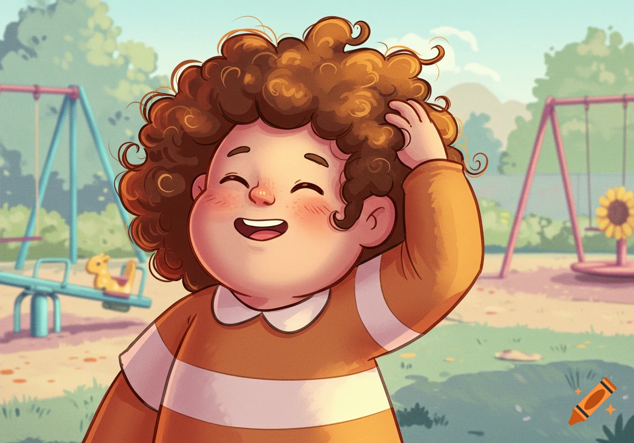 A happy, chubby cartoon child with curly brown hair smiles and scratches their head in a sunny playground setting.