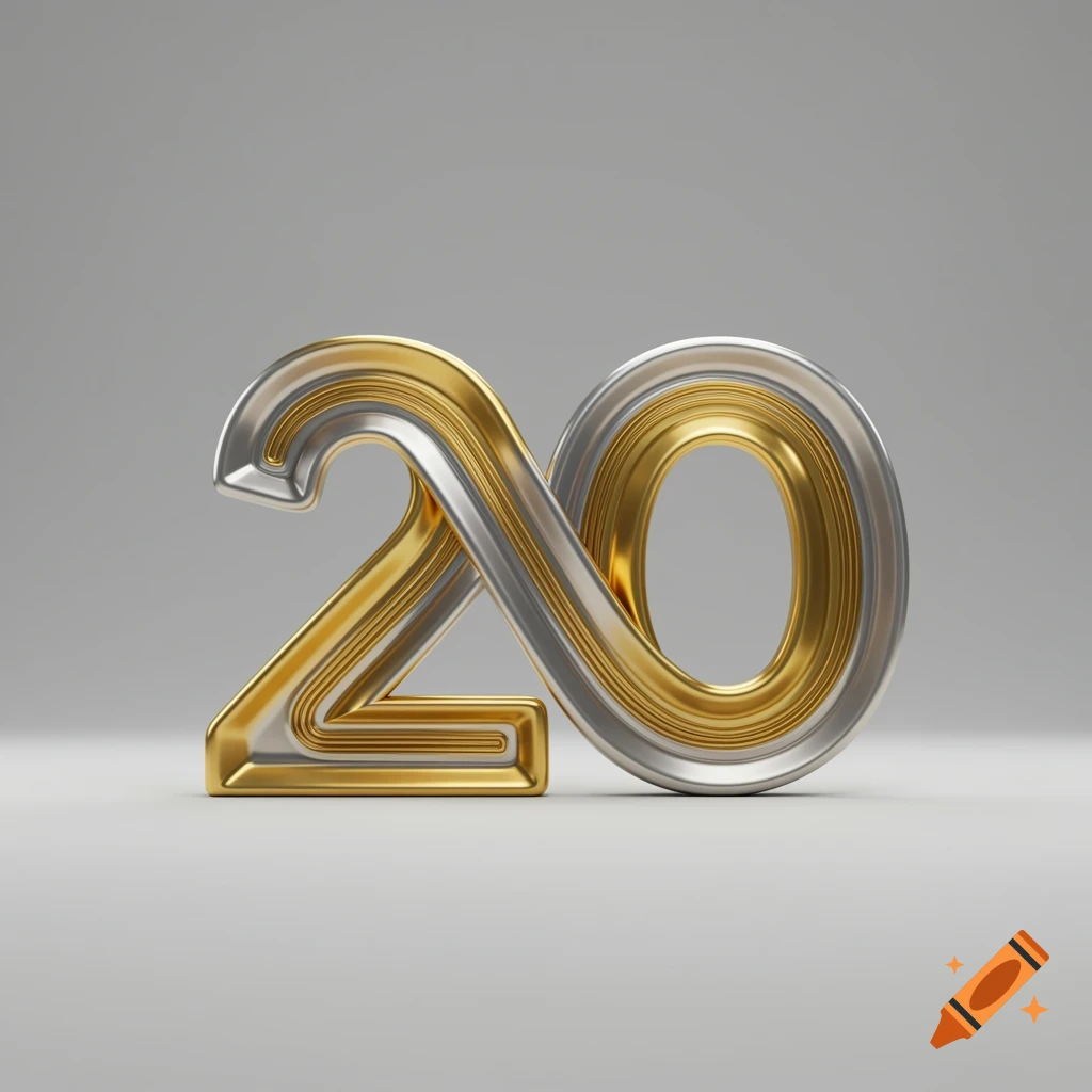 A stylized number 20 formed from intertwined gold and silver metallic tubes, standing on a light gray surface with a soft shadow.
