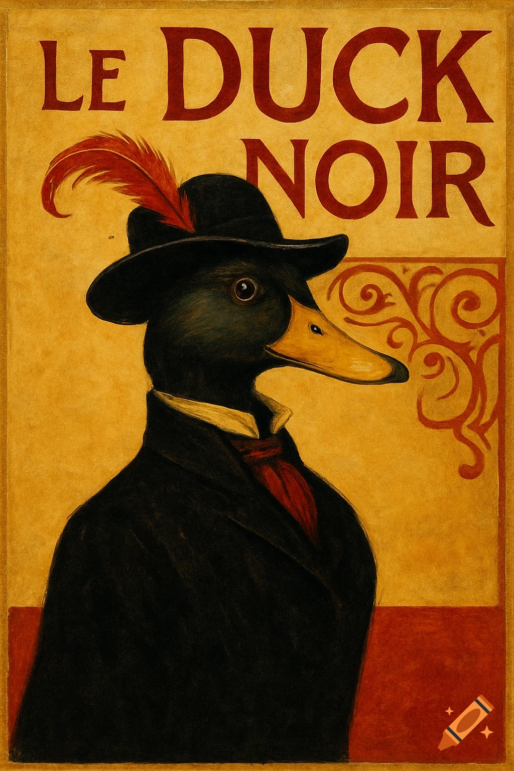 Vintage-style poster of a duck in a black suit and hat with a red feather, with 'LE DUCK NOIR' text.