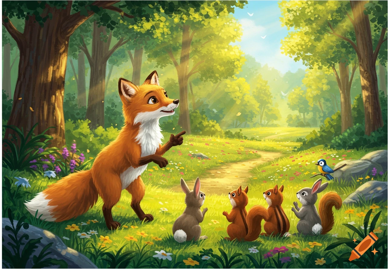 A cartoon fox talks to a rabbit and two squirrels in a vibrant, sunlit forest clearing with a winding path.