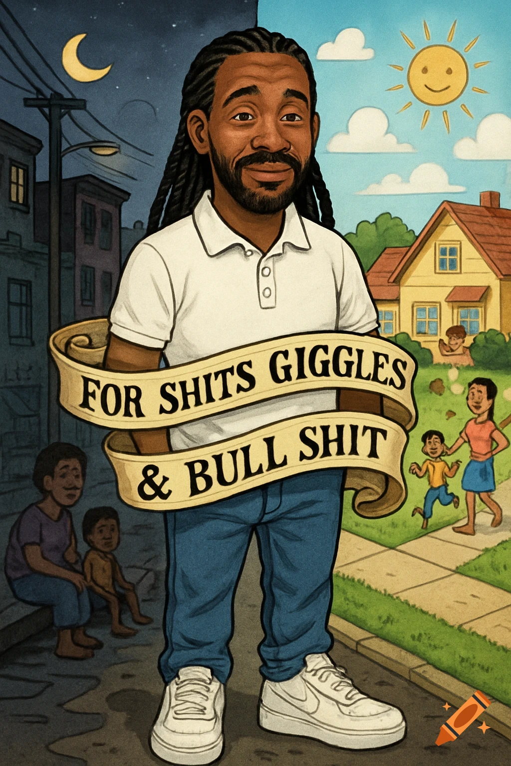 A cartoon man with dreadlocks and a beard holds a banner with the text "FOR SHITS GIGGLES & BULL SHIT", standing before a split background of a gloomy night city and a sunny suburban neighborhood.
