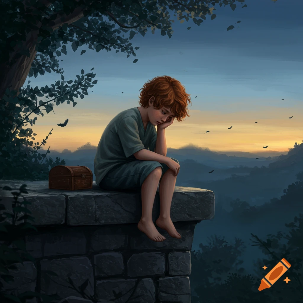 A young, red-haired boy sits hunched on a stone ledge, head in hand, gazing out at a sprawling, misty landscape bathed in the hues of sunset. A small wooden chest rests beside him.