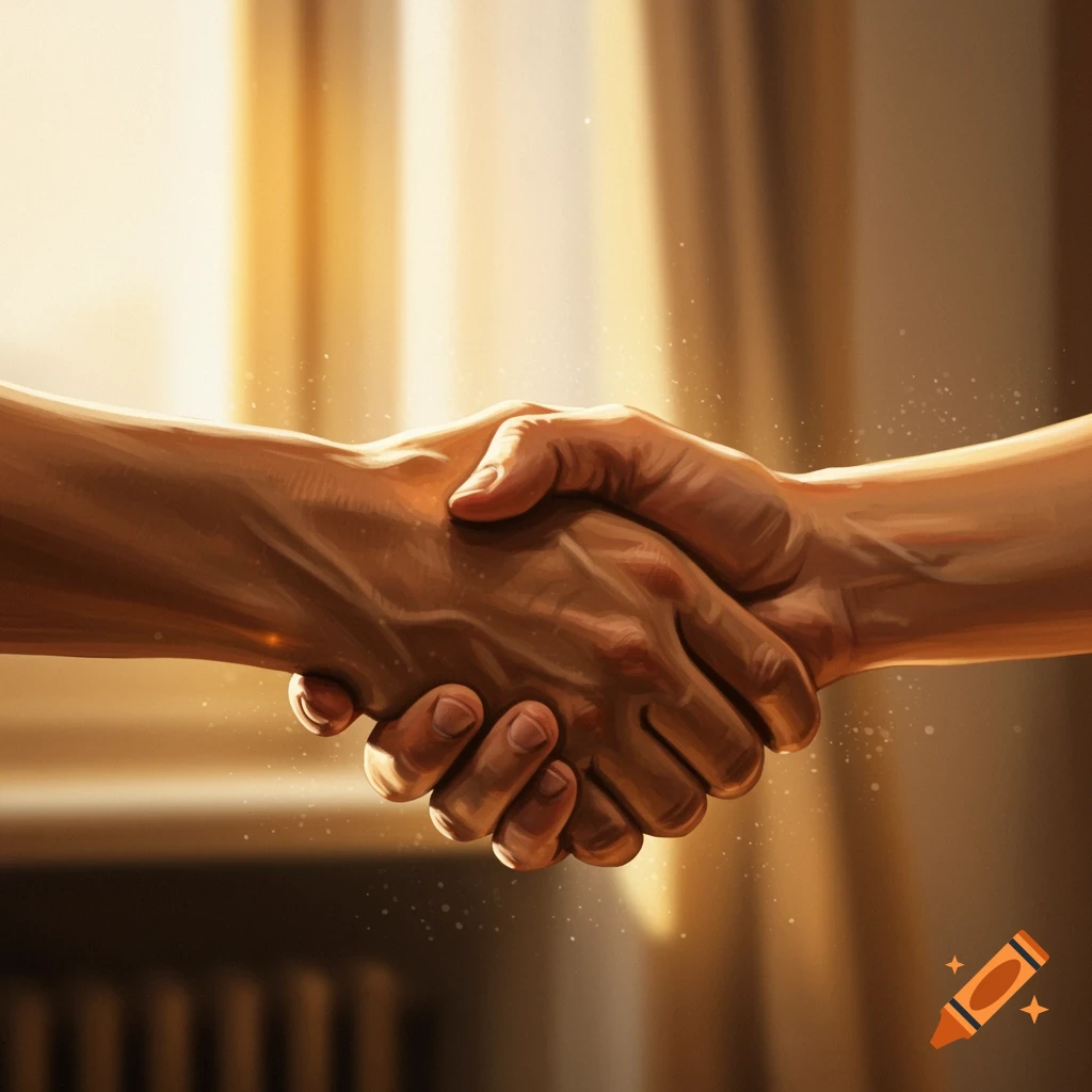 Two hands shaking in a warm, stylized light, with subtle particles in the air.