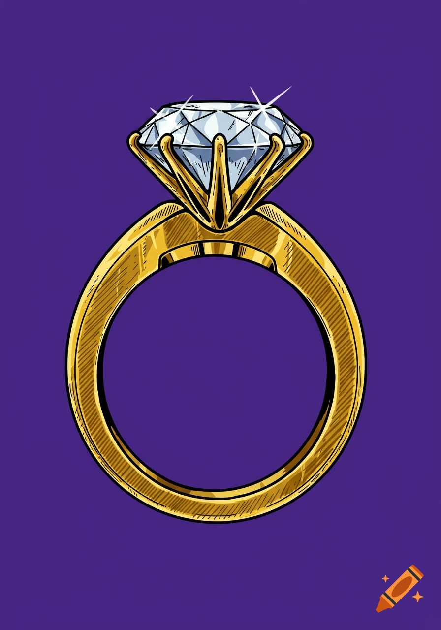 A diamond ring with a gold band on a solid purple background in a gritty comic book style.