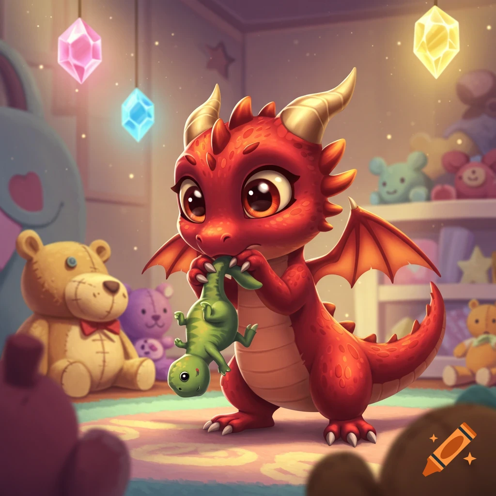 A cute, cartoonish red dragon hatchling holds a green toy T-Rex by its tail in a nursery filled with toys.