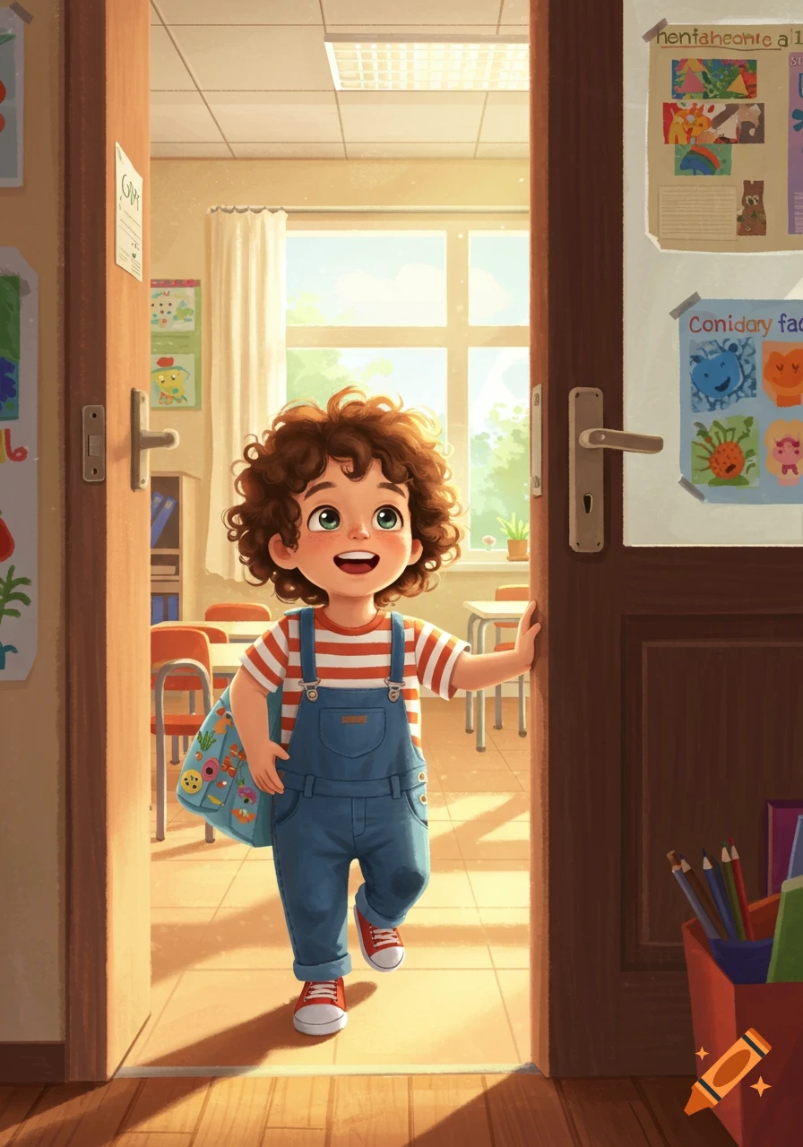 A cute, smiling kindergarten student with curly brown hair, wearing blue overalls and a striped shirt, walks through an open classroom door into a sunlit room.