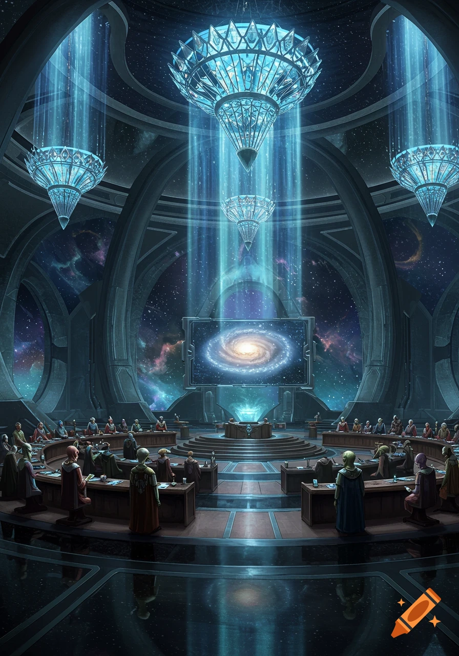 A grand futuristic sci-fi chamber with numerous figures seated at desks, featuring a large screen displaying a galaxy and chandeliers casting blue light.