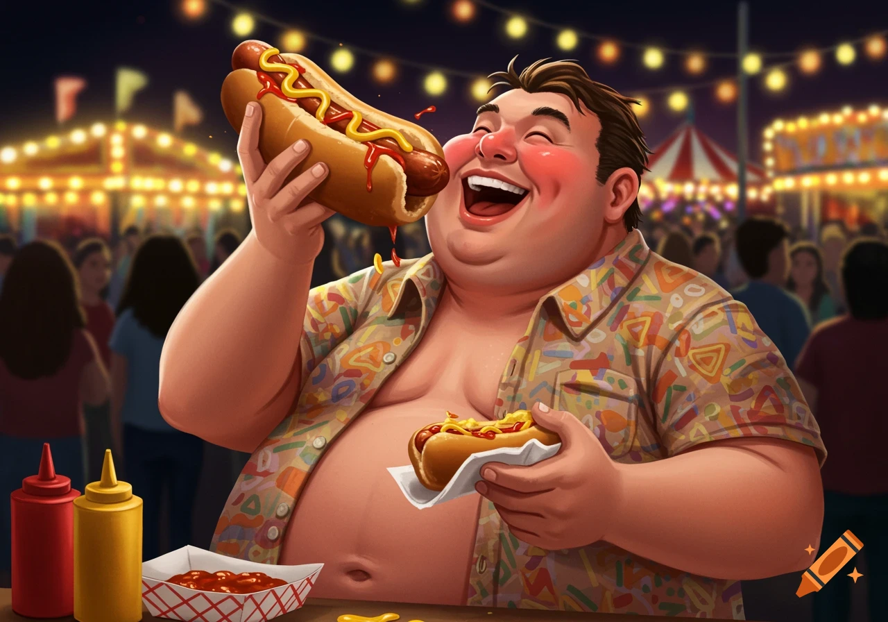 A joyful, plump man at a night carnival laughs while enthusiastically eating two hot dogs with ketchup and mustard.