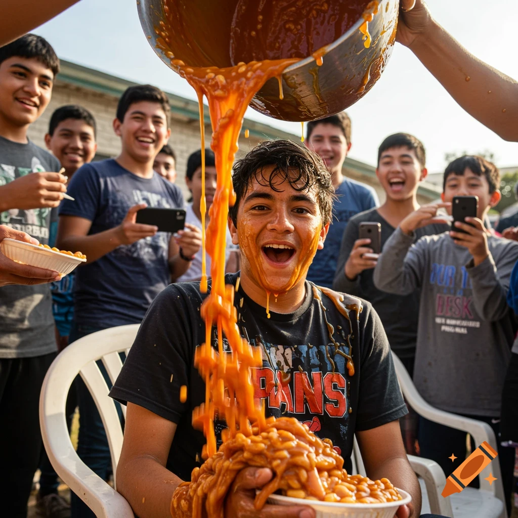 A teenage boy grins as baked beans are poured over his head from a large bowl, surrounded by laughing friends.